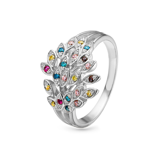 Peacock Ring - Polished Sterling Silver with 22 Multi color Cubic Zirkonia
