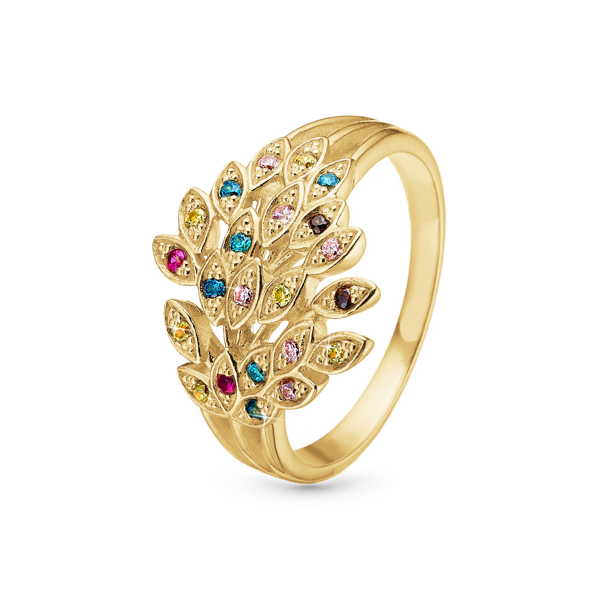 Peacock Ring - Polished Gold Plated Sterling Silver with 22 Multi color Cubic Zirkonia