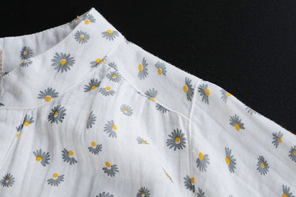 Women's Short Sleeve Cotton Yarn Print Stand Collar Shirt