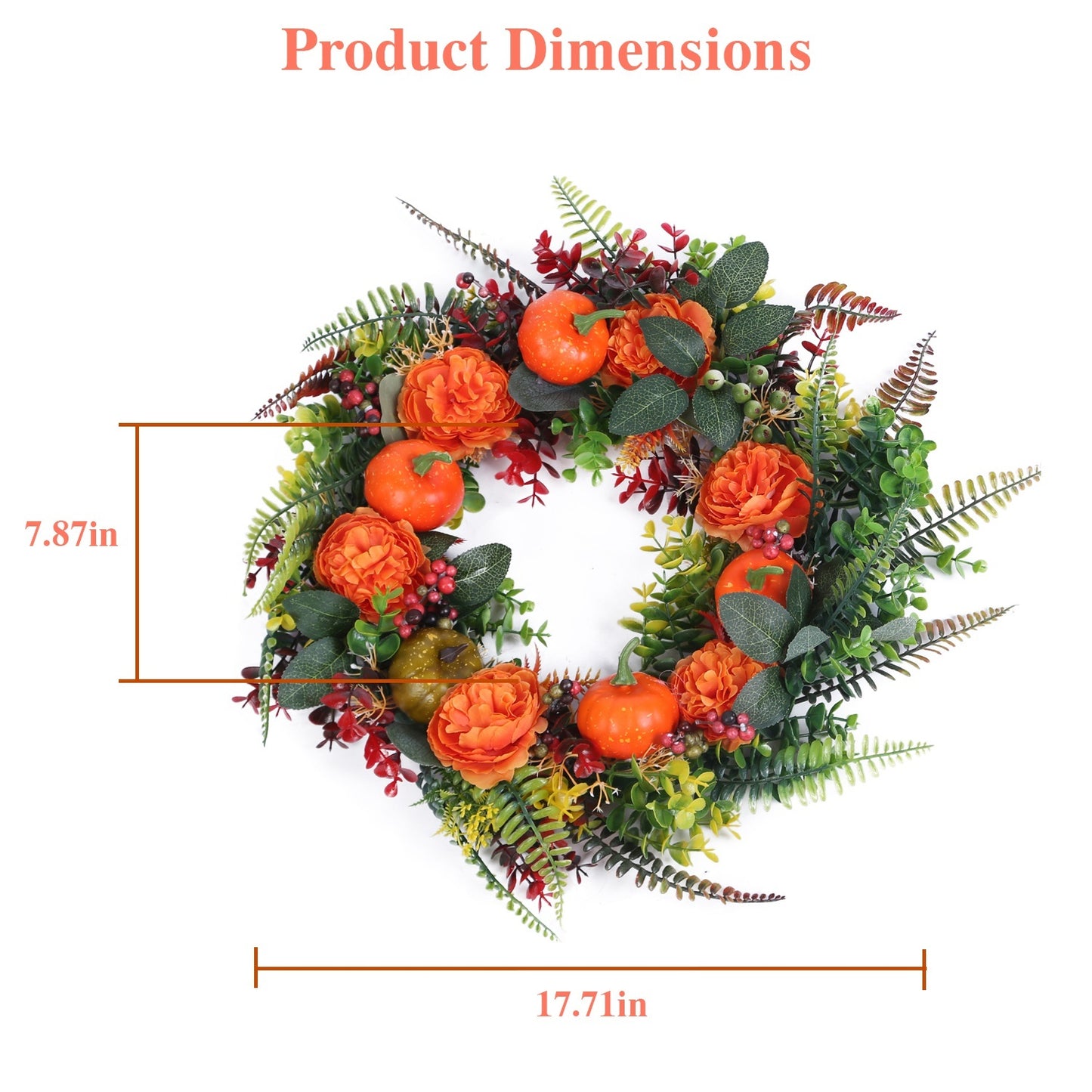 1Pc 17.71IN Autumn Wreath With Pumpkin Mixed Leaves Berries Flowers Fall Decoration For Indoor Outdoor Window Wall Front Door In Halloween Thanks Giving Day