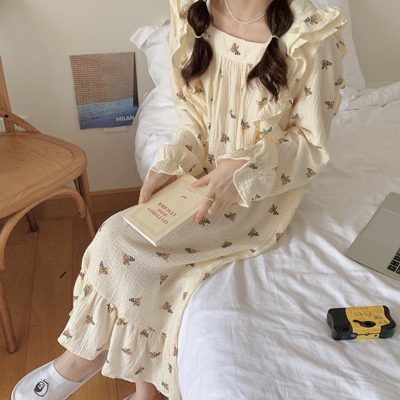 Cotton Yarn Home Wear Floral Flounce Square Collar Nightdress