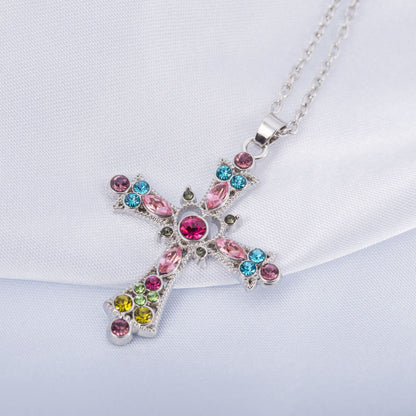 Cross Christianity - Crystal Diamond Color Cross Pendant Girls Clavicle Necklace Jewelry