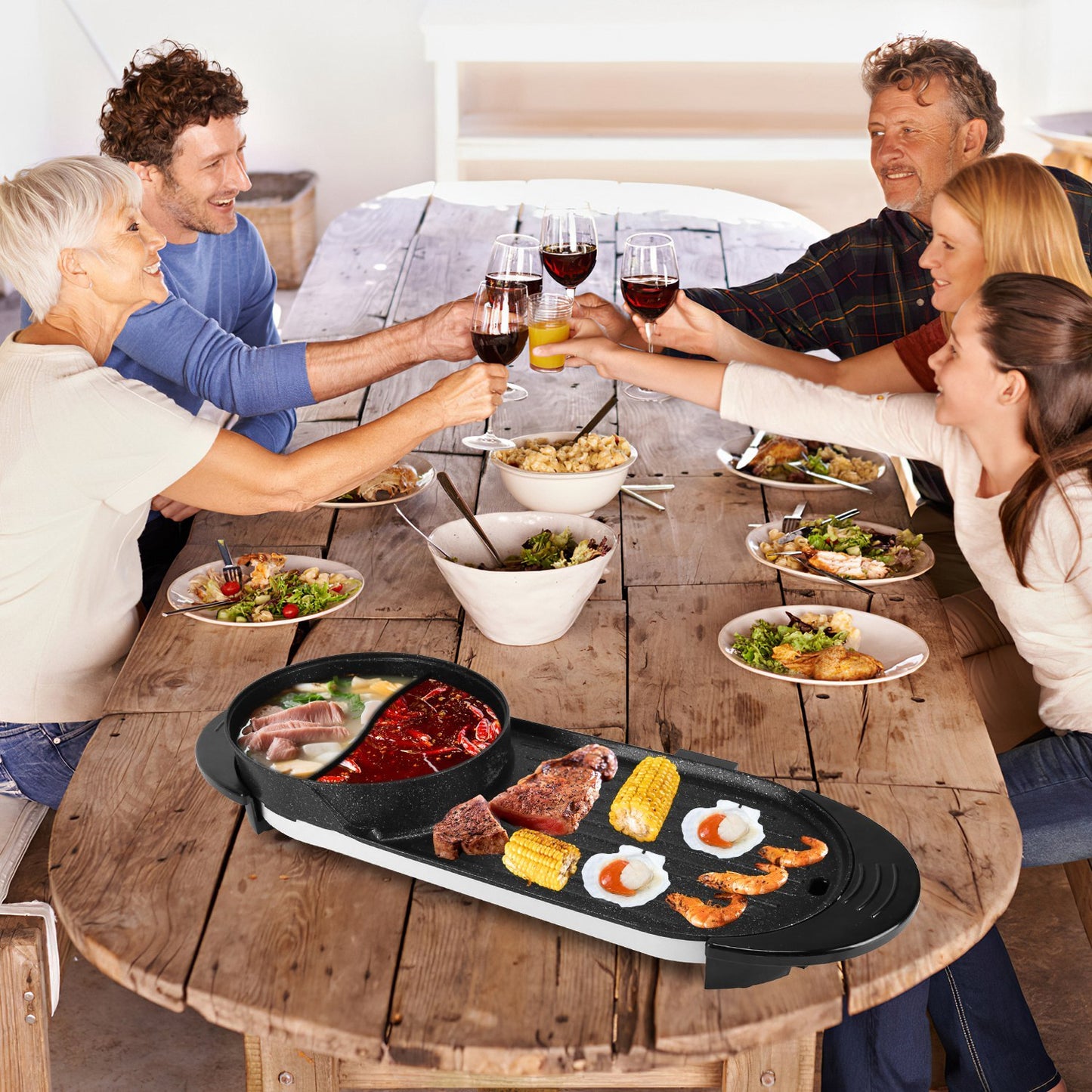 2200W  2 In 1 Electric Hot Pot With BBQ Grill Cooker Smokeless Non-Stick Korean BBQ Grill Shabu Shabu Hot Pot With Independent Temperature Control 5 Gears Firepower For 2-10 People