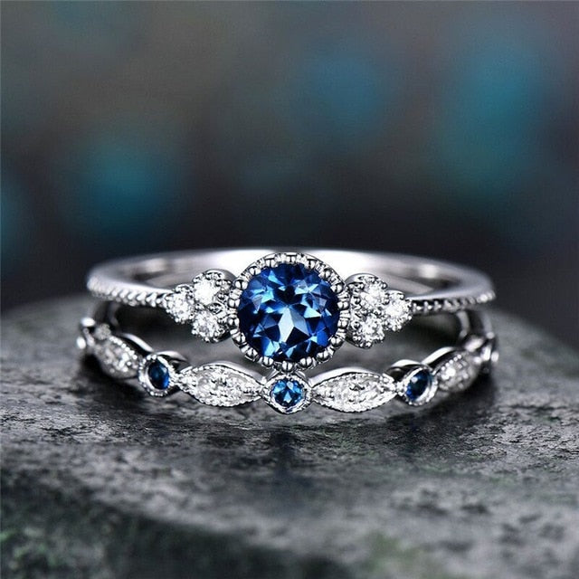2Pcs/Set Luxury Green Blue Stone Crystal Rings For Women Sliver Color Wedding Engagement Rings Jewelry Dropship bagues pour