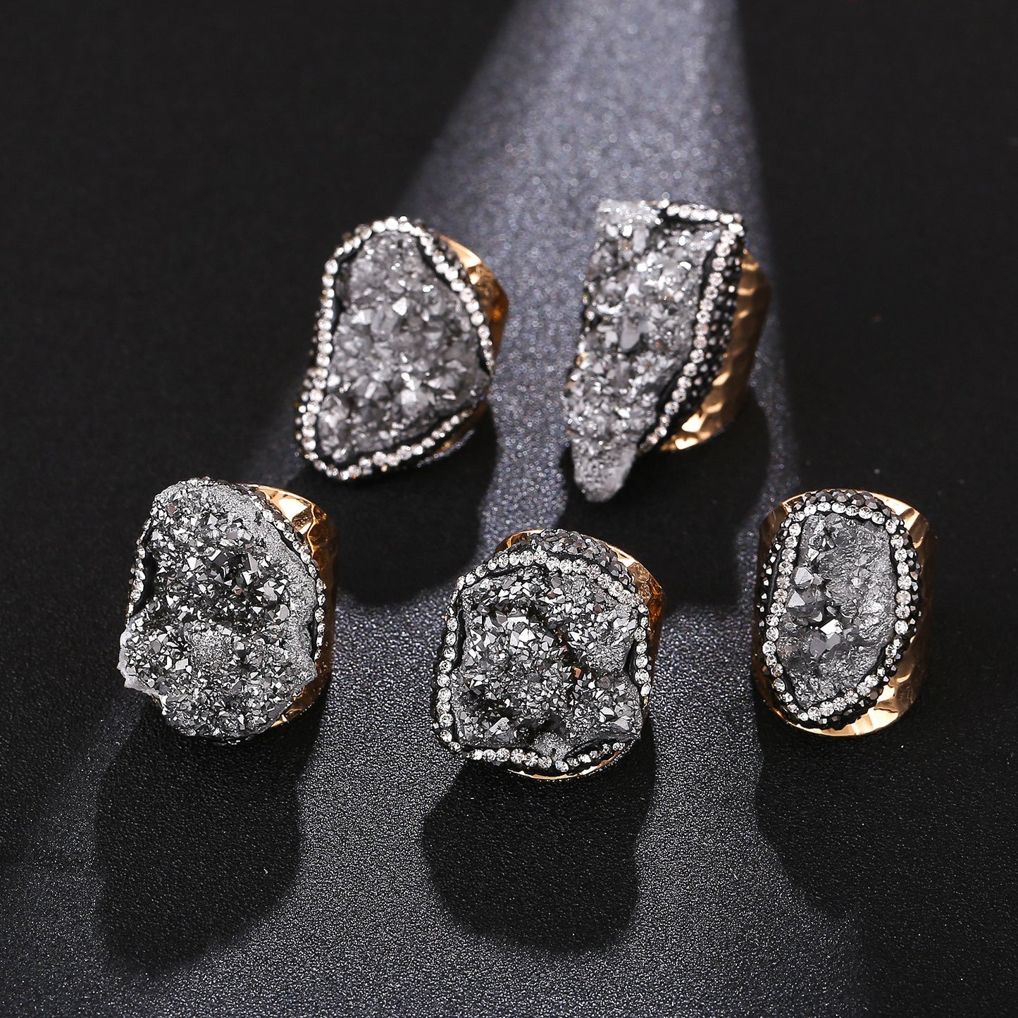 Irregular natural crystal cluster ring, original stone crystal set with diamonds, natural stone gold-plated handmade jewelry