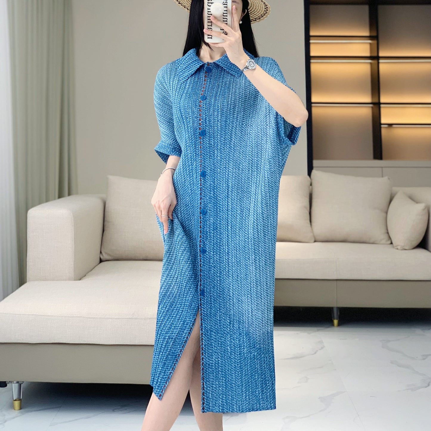 Casual loose dress women's summer solid color trend lapel button short sleeved pleated mid length skirt
