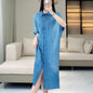 Casual loose dress women's summer solid color trend lapel button short sleeved pleated mid length skirt