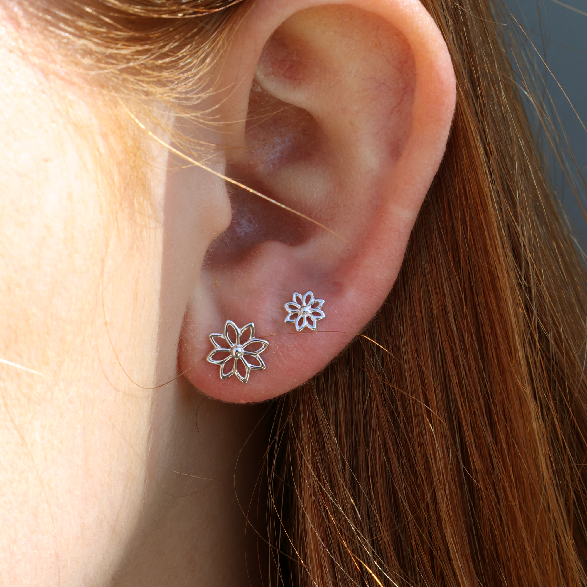 Simple Flower Stud Earrings - Polished Sterling Silver