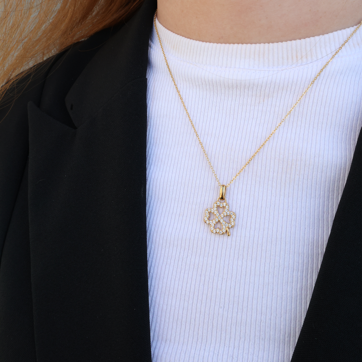 Shimmery Clover Earring Pendant - Polished Gold Plated Sterling Silver with 37 Cubic Zirkonia