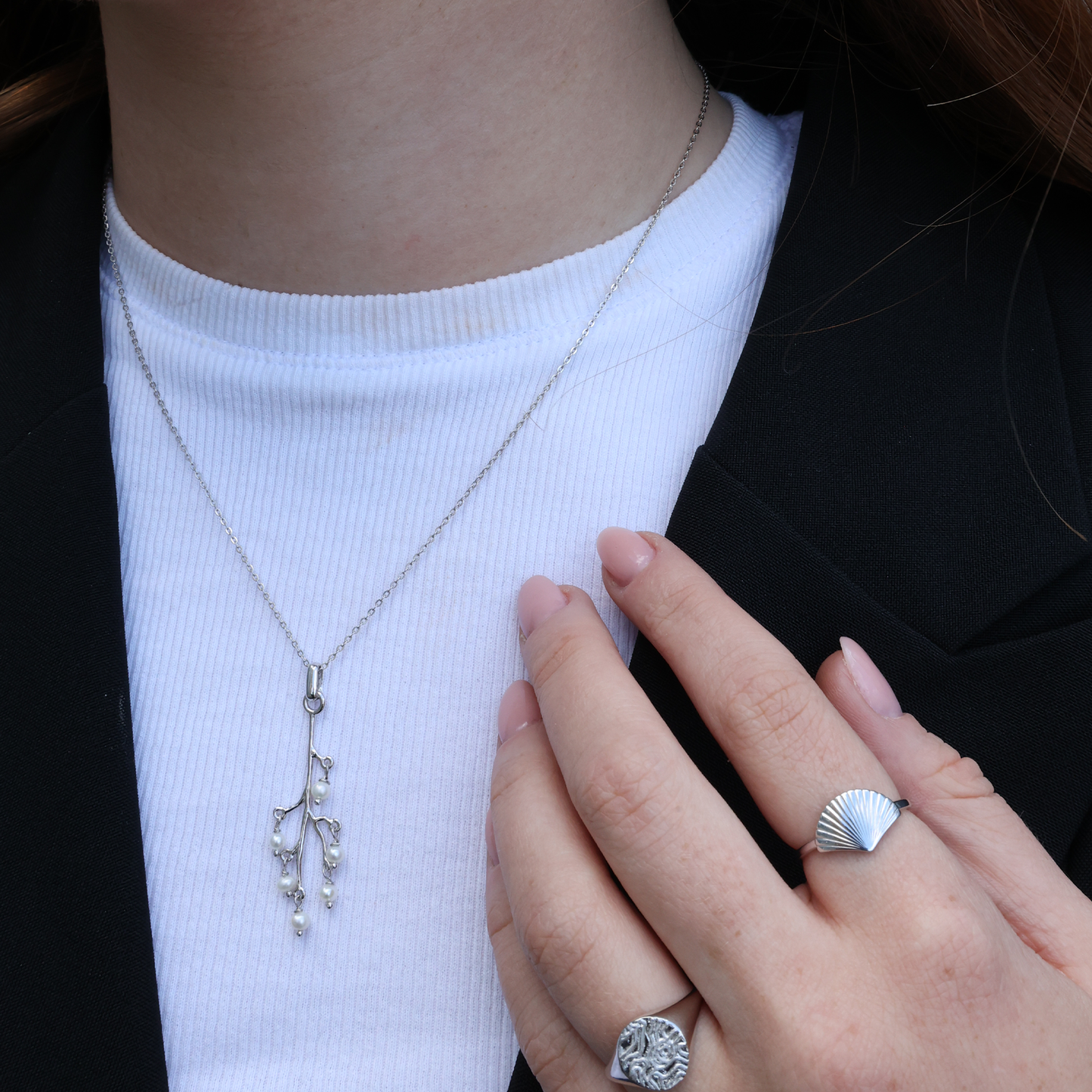 Cherry Tree Earring Pendant - Polished Sterling Silver with 6 Ferskvandsperler