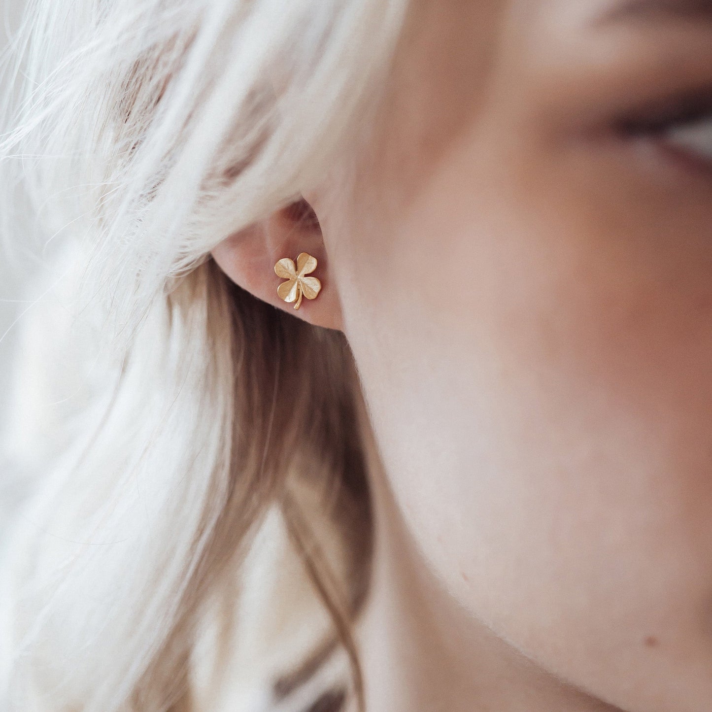 FoWatch Leaf Clover Stud Earrings - Brushed Gold Plated Sterling Silver