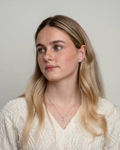 Shimmery Heart Stud Earrings - Polished Sterling Silver with 36 white Cubic Zirkonia