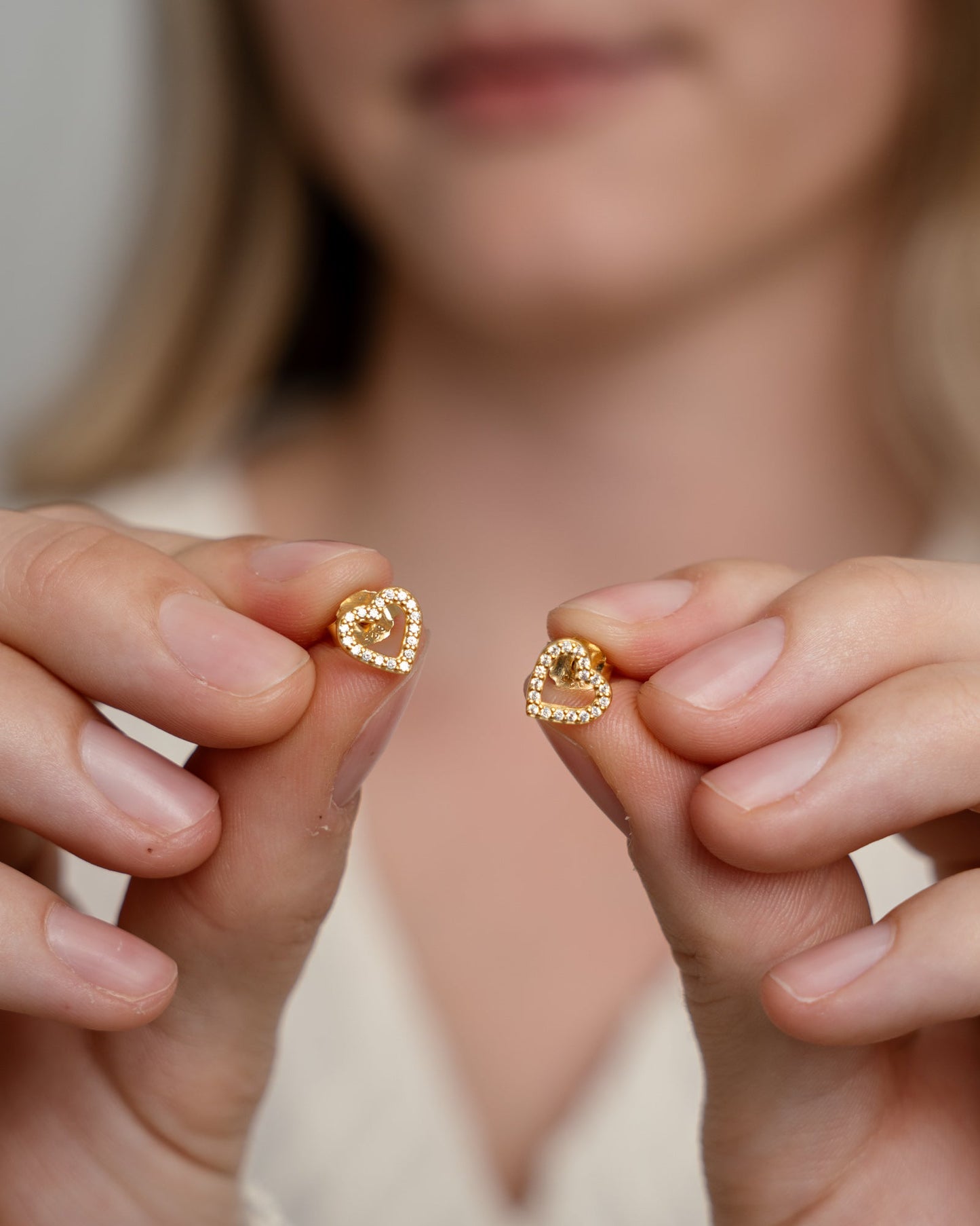 Shimmery Heart Stud Earrings - Polished Sterling Silver with 36 white Cubic Zirkonia