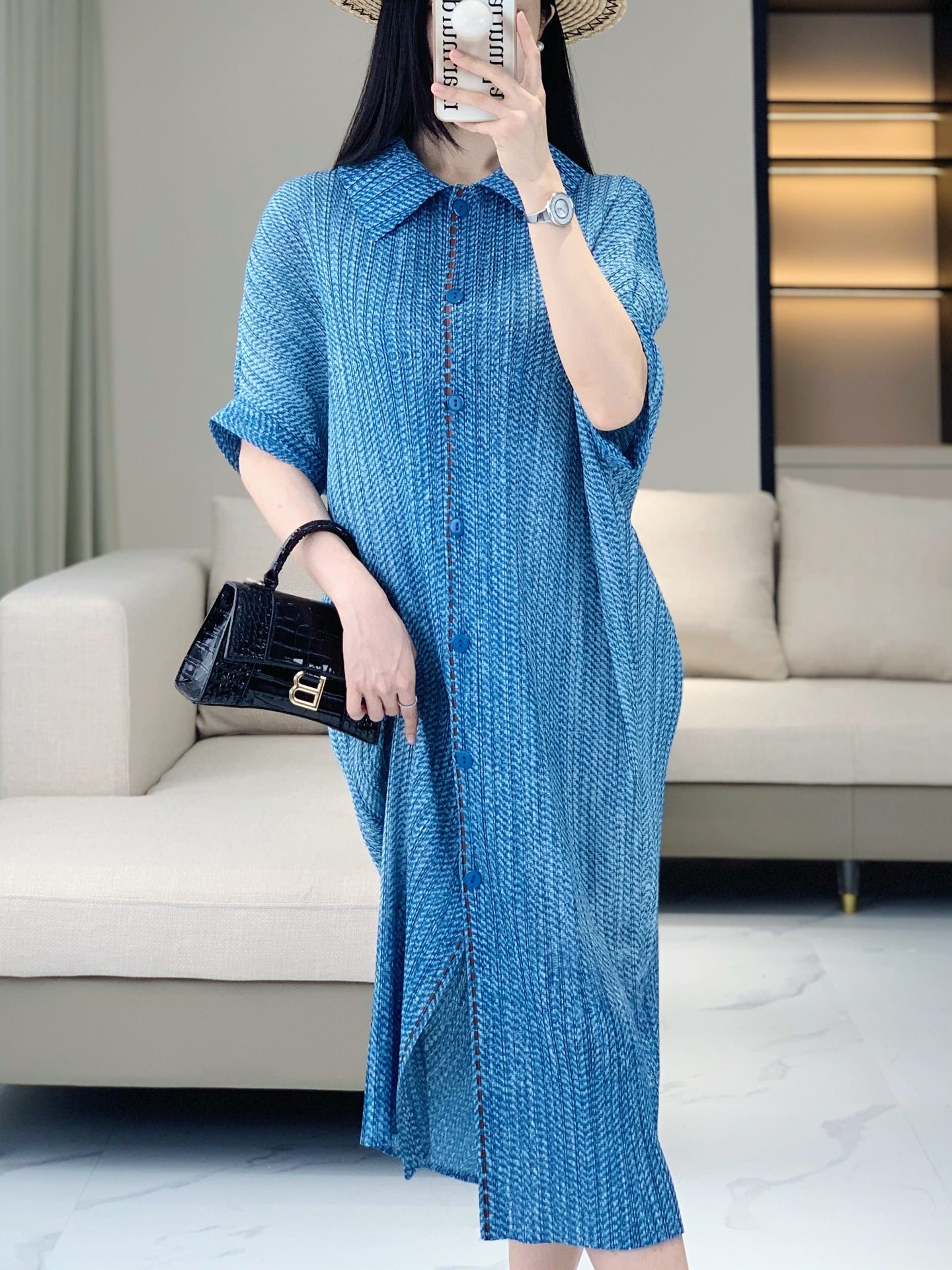 Casual loose dress women's summer solid color trend lapel button short sleeved pleated mid length skirt