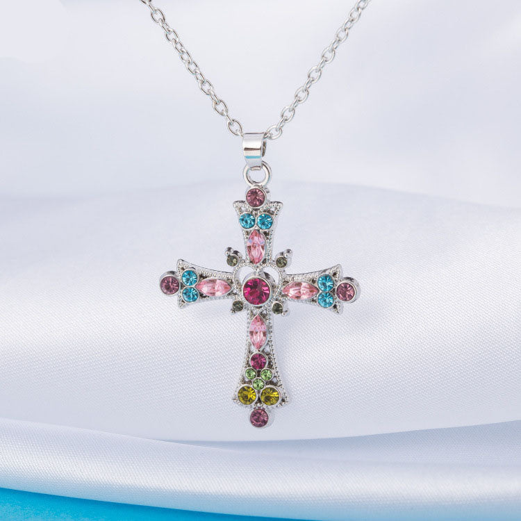Cross Christianity - Crystal Diamond Color Cross Pendant Girls Clavicle Necklace Jewelry