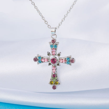Cross Christianity - Crystal Diamond Color Cross Pendant Girls Clavicle Necklace Jewelry
