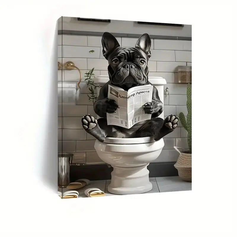 Funny French Bulldog in the toilet - Printed canvas painting - Wall home decoration, perfect gift and decor
