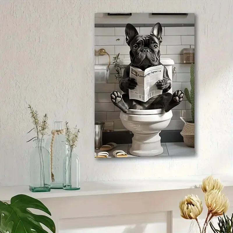 Funny French Bulldog in the toilet - Printed canvas painting - Wall home decoration, perfect gift and decor