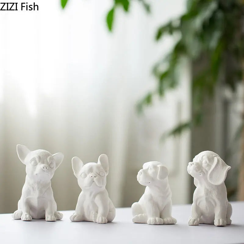 Lovely Puppy Ceramic Sculpture French Bulldog Ornaments Crafts White Dog Miniature Figurines Desk Decoration Animal Statue