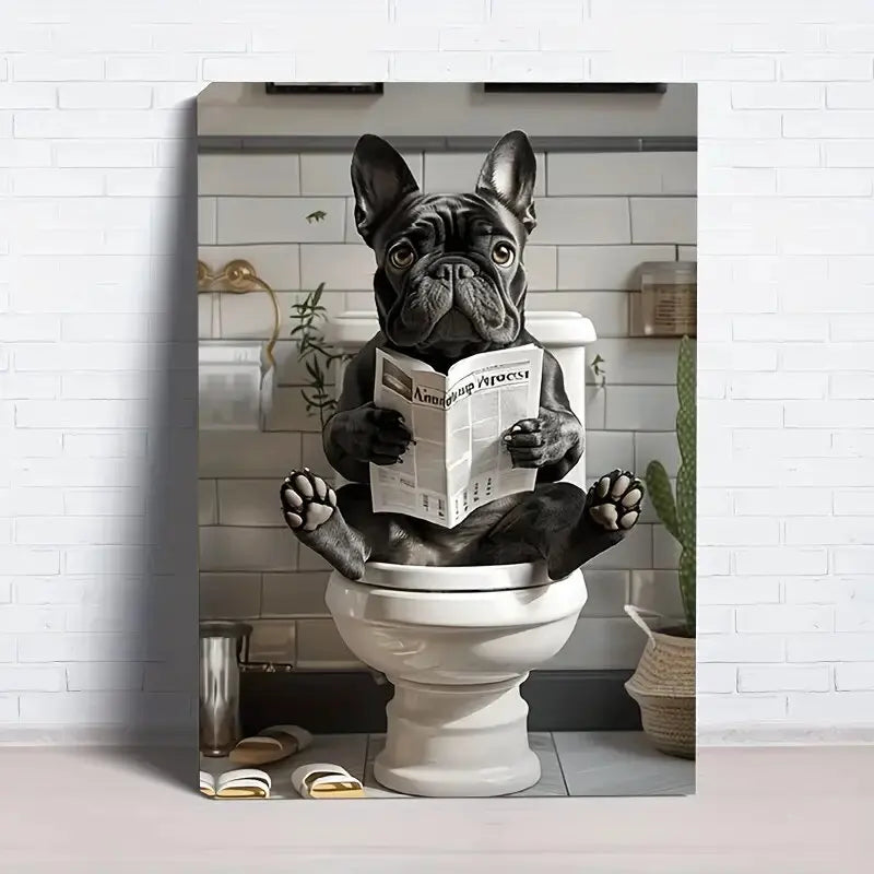 Funny French Bulldog in the toilet - Printed canvas painting - Wall home decoration, perfect gift and decor