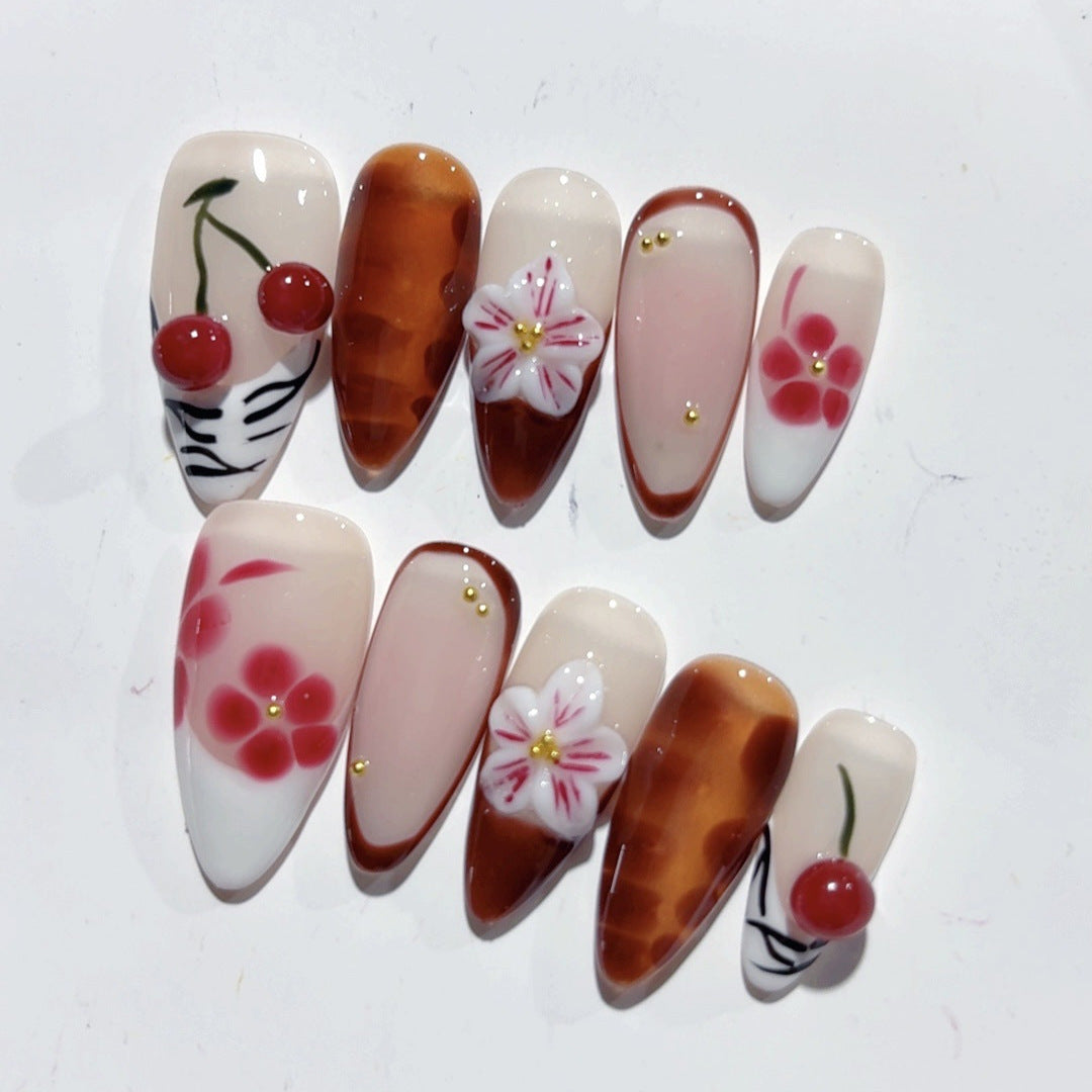 Amber Almond Nail Three-dimensional Carved Autumn And Winter Painted Cherry
