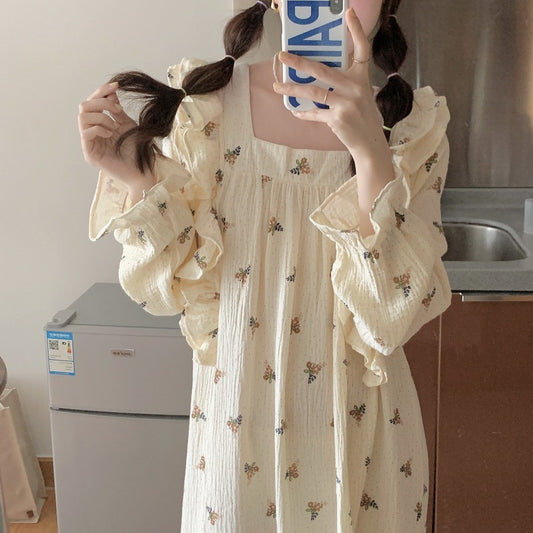 Cotton Yarn Home Wear Floral Flounce Square Collar Nightdress