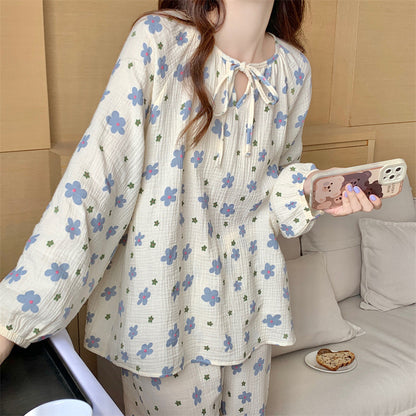 Women's Pajamas Cotton Yarn Print Pullover Tie