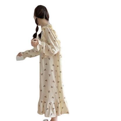 Cotton Yarn Home Wear Floral Flounce Square Collar Nightdress