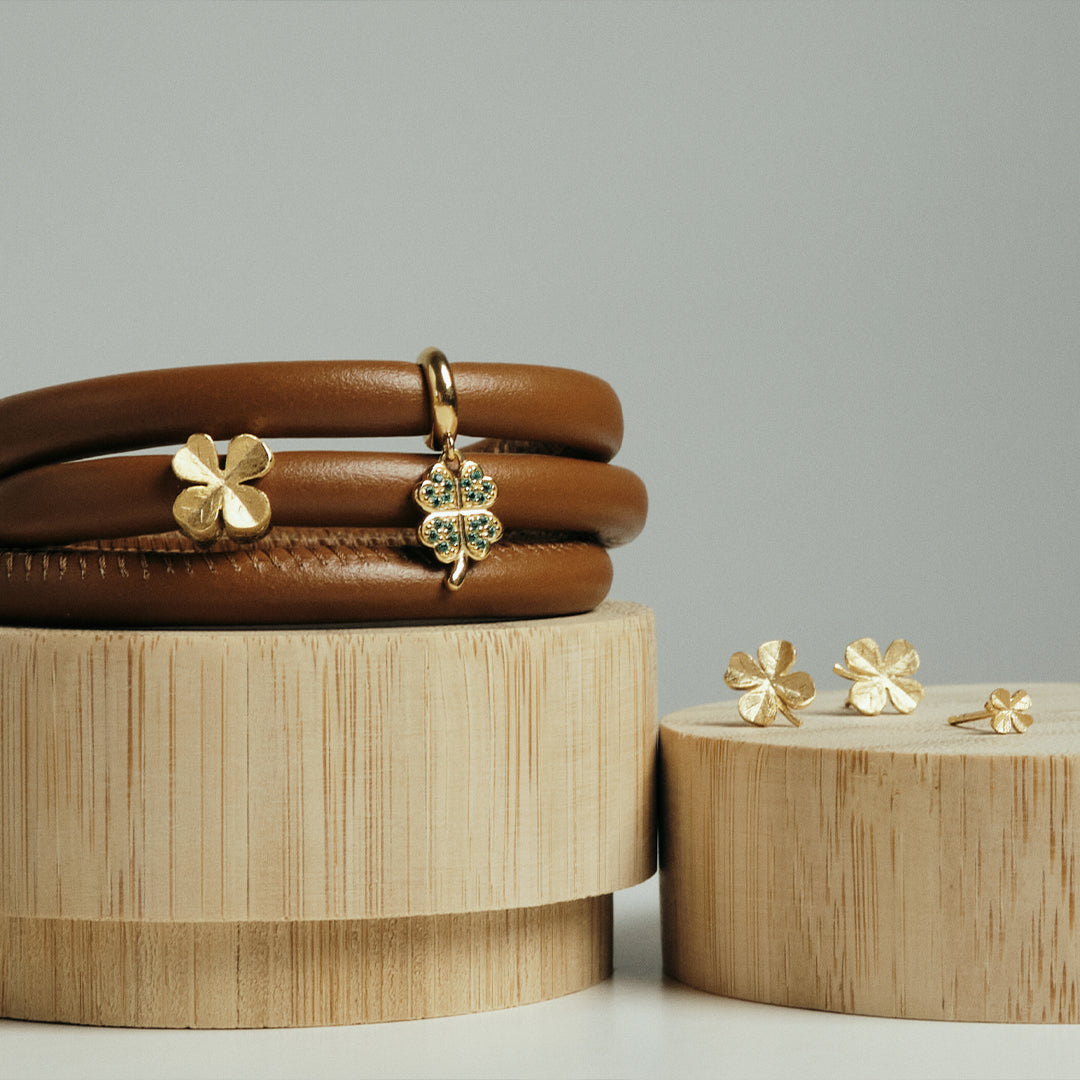 Lucky Clover Hænger Charm 6 mm Til Armbånd - Forgyldt Sterling Sølv m. 20 Grønne Cubic Zirkonia