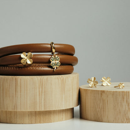 Lucky Clover Hænger Charm 6 mm Til Armbånd - Forgyldt Sterling Sølv m. 20 Grønne Cubic Zirkonia