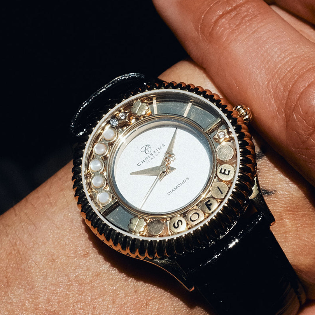 Mother of Pearl Element for Watch - Polished Gold Plated Sterling Silver with 5 white Perlemor