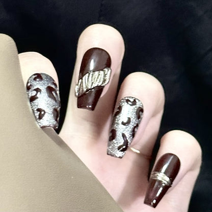 Cross-border European And American Style Short Retro Jump Color Leopard Print Metallic T-shaped Wear Armor Finished Nail Beauty 10 Pieces Wholesale