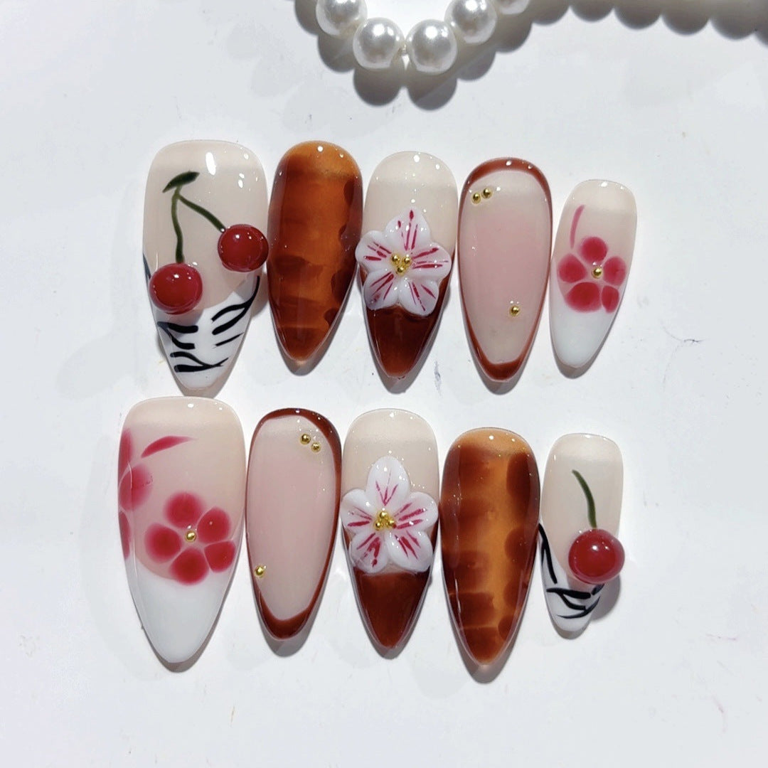 Amber Almond Nail Three-dimensional Carved Autumn And Winter Painted Cherry