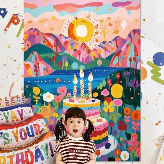 Birthday Party Layout Cake Hanging Cloth Children Background Wall
