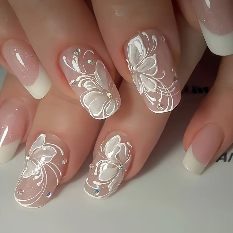 24 Pieces White French Flower Design Wear Nail Manicure Jewelry Manicure