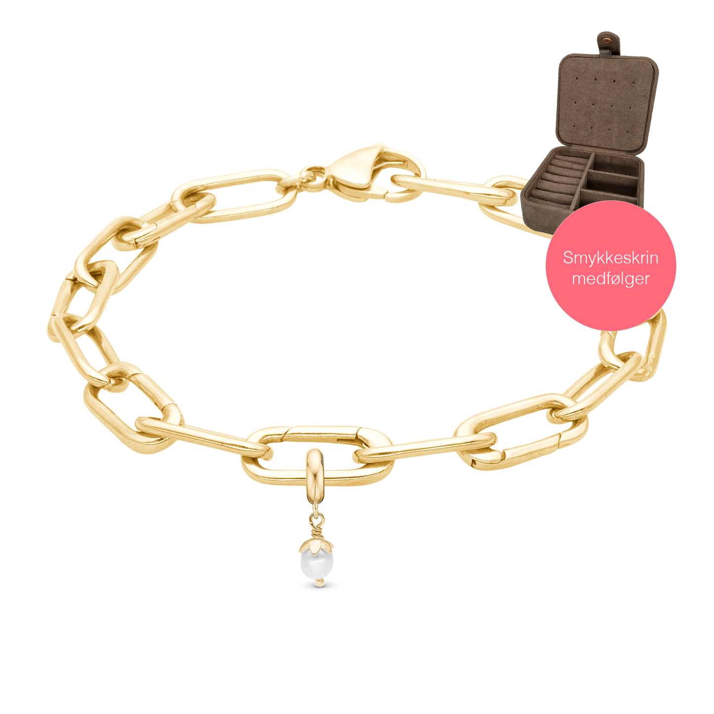 Link Bracelet og charm med perle i Gold Plated sterling sølv 