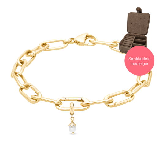 Link Bracelet og charm med perle i Gold Plated sterling sølv 